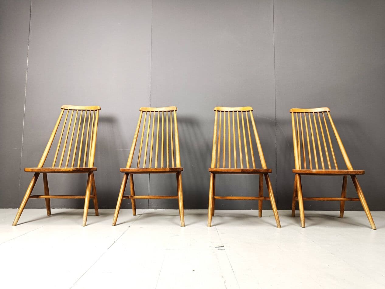 Set of four Scandinavian dining chairs, brown, wood, Denmark, 1960s. - 271383