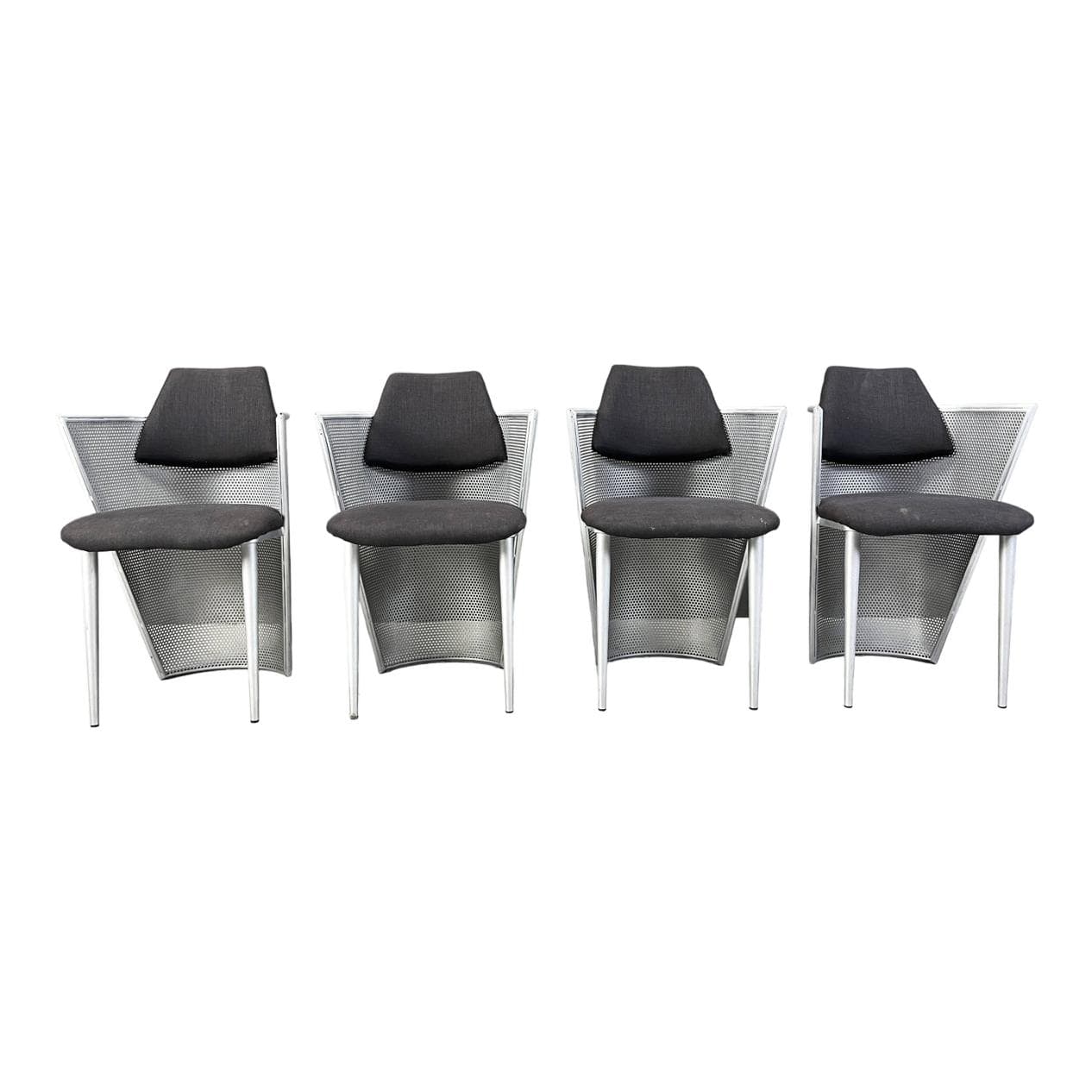 Set of Four Postmodern Chairs, silver metal, black fabric, Belgium, 1980s.
