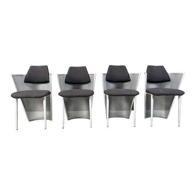 Set of Four Postmodern Chairs, silver metal, black fabric, Belgium, 1980s. - DIMENSION