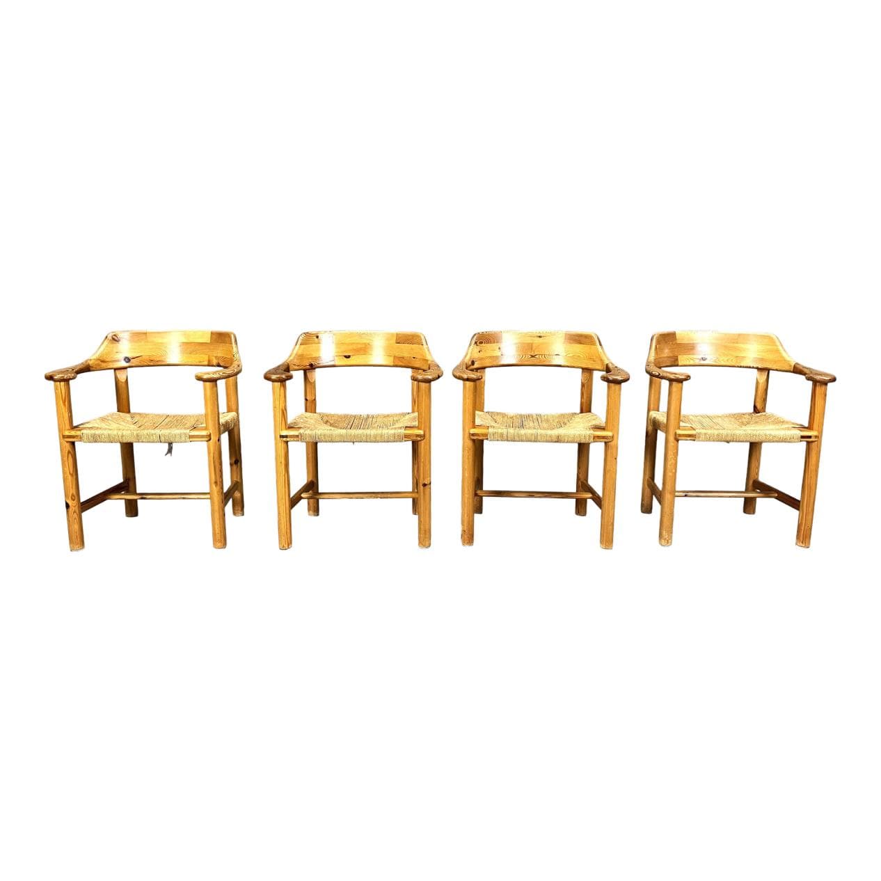 Set of Four Dining Chairs, brown pine, by R. Daumiller, Hirtshals Savvaerk, Denmark, 1970s.