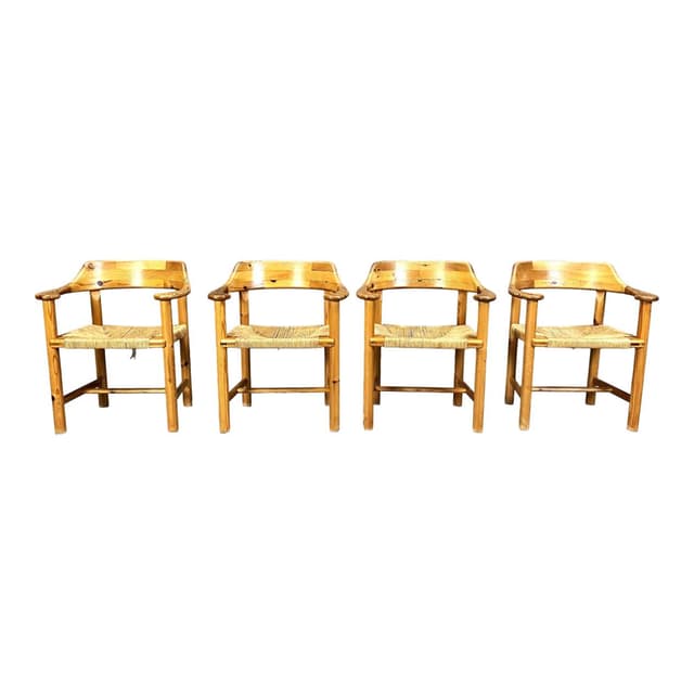 Set of Four Dining Chairs, brown pine, by R. Daumiller, Hirtshals Savvaerk, Denmark, 1970s. - DIMENSION