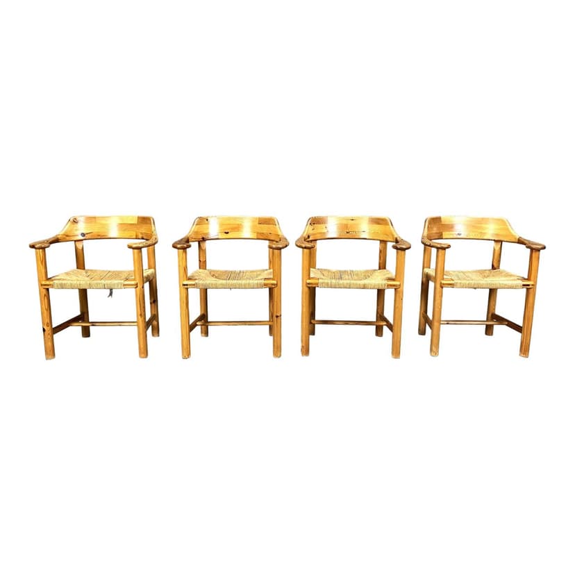 Set of Four Dining Chairs, brown pine, by R. Daumiller, Hirtshals Savvaerk, Denmark, 1970s.