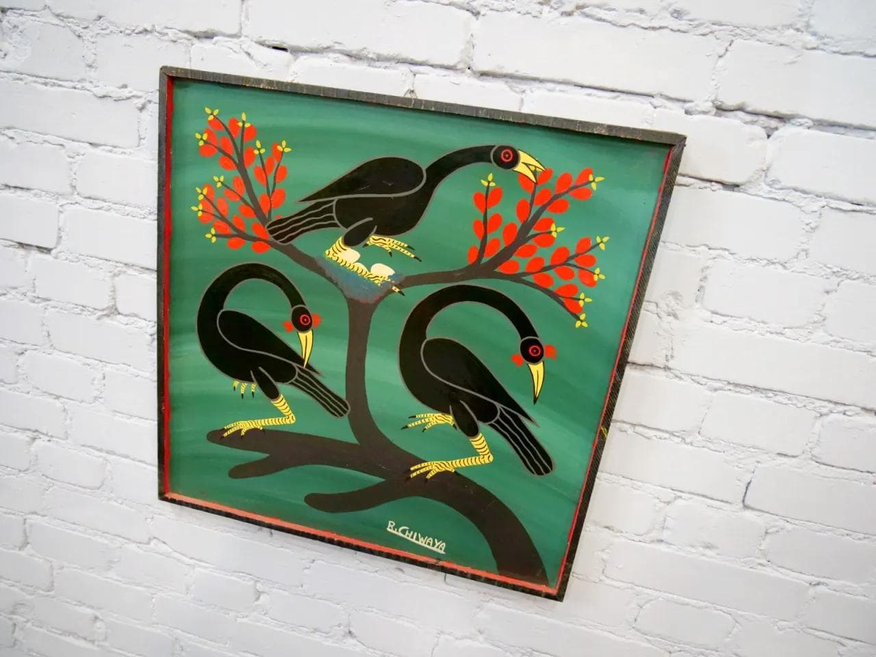 Painting Tingatinga School, green, hardboard, by R. Chiwara, Tanzania, 1970s. - 19307