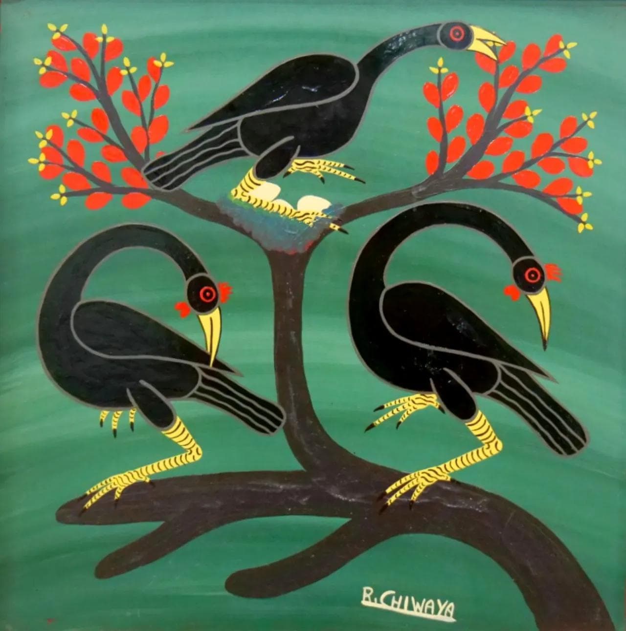 Painting Tingatinga School, green, hardboard, by R. Chiwara, Tanzania, 1970s. - 19308