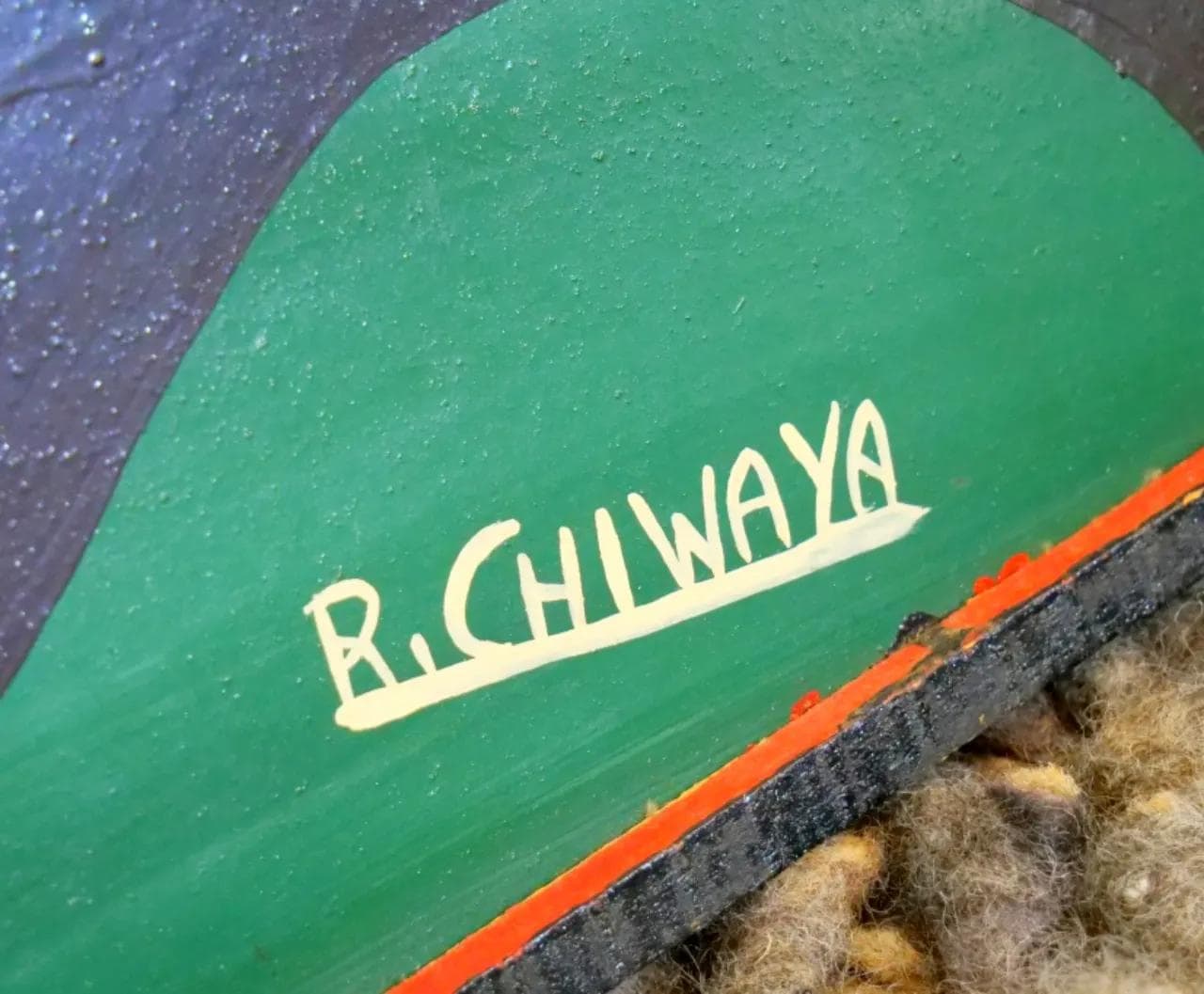 Painting Tingatinga School, green, hardboard, by R. Chiwara, Tanzania, 1970s. - 19309