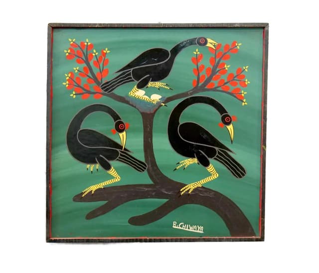 Painting Tingatinga School, green, hardboard, by R. Chiwara, Tanzania, 1970s. - DIMENSION