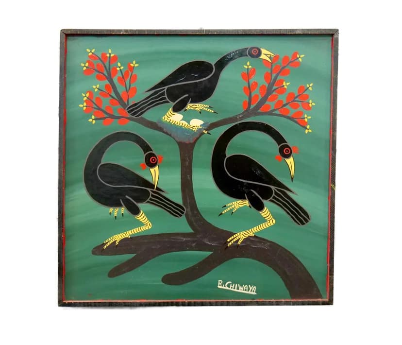 Painting Tingatinga School, green, hardboard, by R. Chiwara, Tanzania, 1970s.