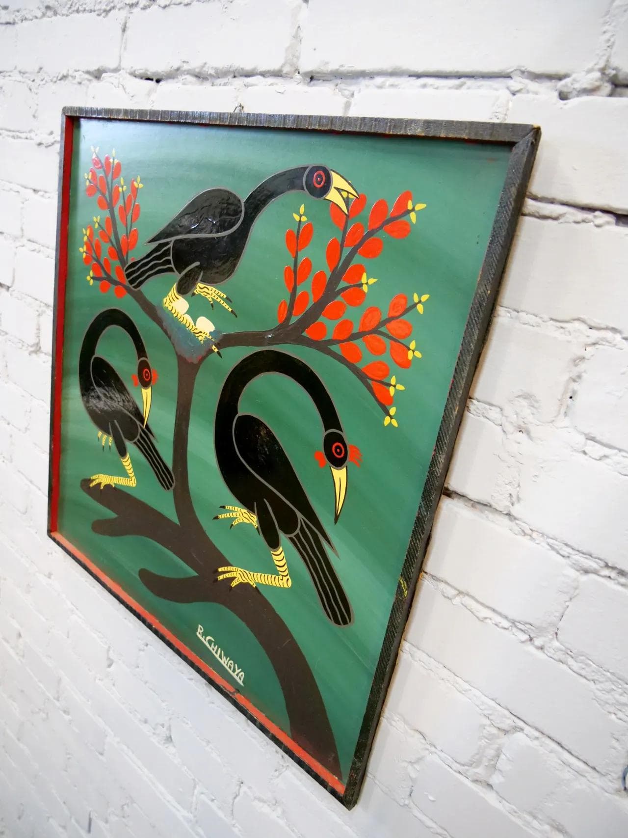 Painting Tingatinga School, green, hardboard, by R. Chiwara, Tanzania, 1970s. - 19313