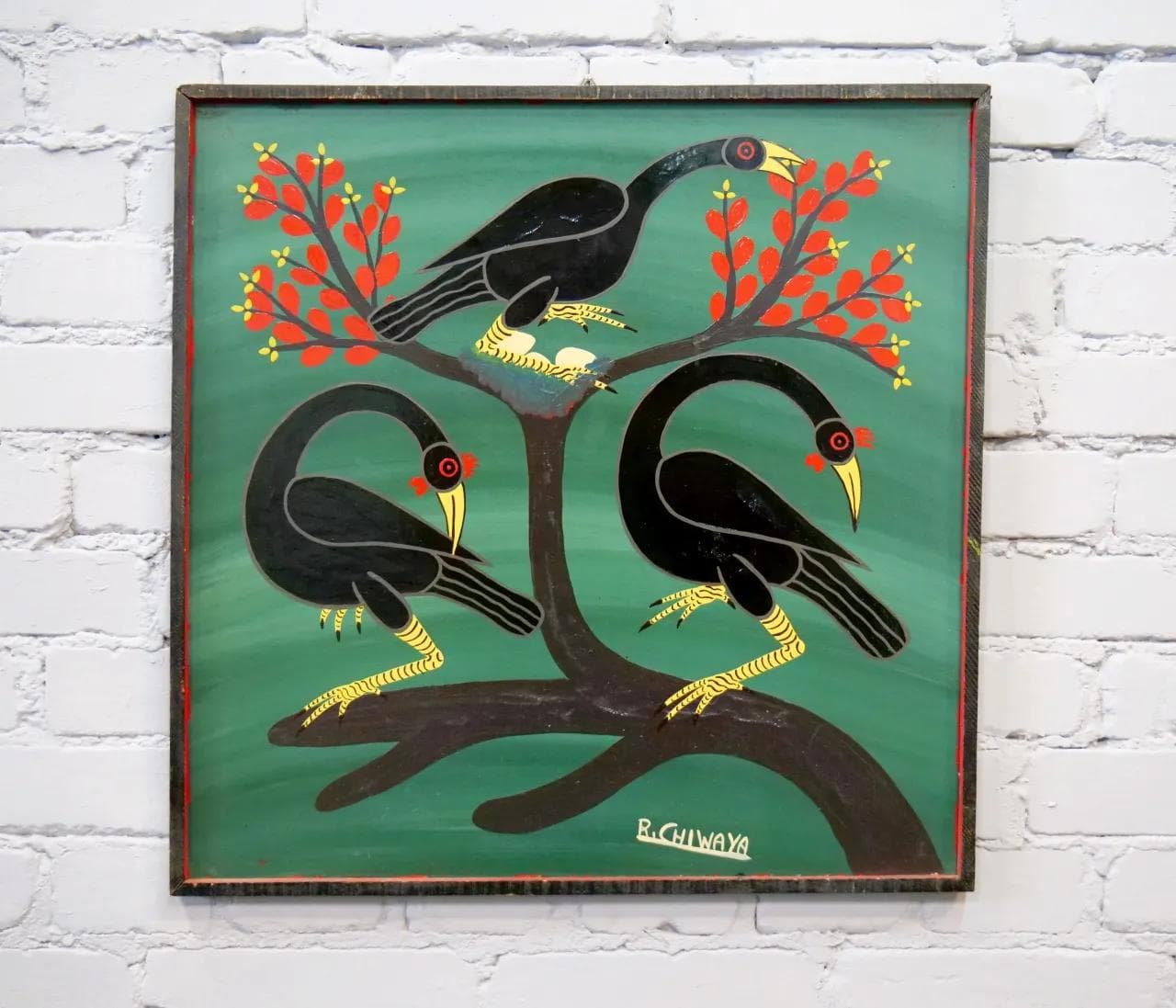 Painting Tingatinga School, green, hardboard, by R. Chiwara, Tanzania, 1970s. - 19310