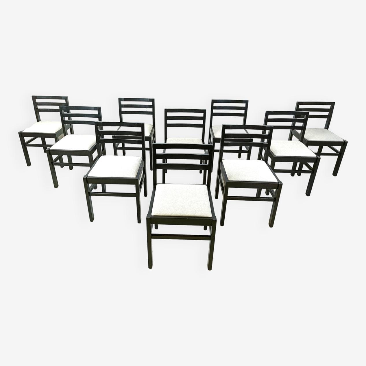 Set of ten brutalist dining chairs, black wood, light grey fabric, Germany, 1970s. - 271150