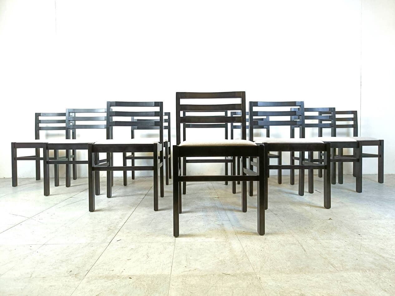 Set of ten brutalist dining chairs, black wood, light grey fabric, Germany, 1970s. - 271153