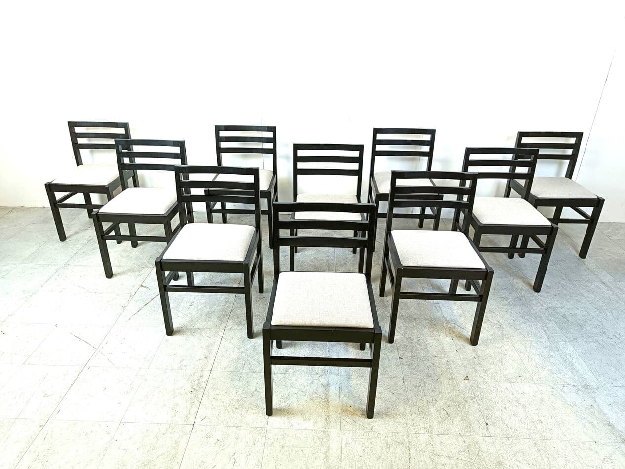 Set of ten brutalist dining chairs, black wood, light grey fabric, Germany, 1970s. - 271149