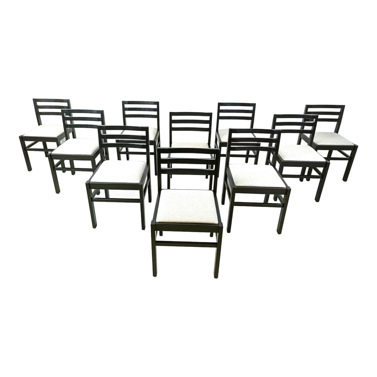 Set of ten brutalist dining chairs, black wood, light grey fabric, Germany, 1970s.
