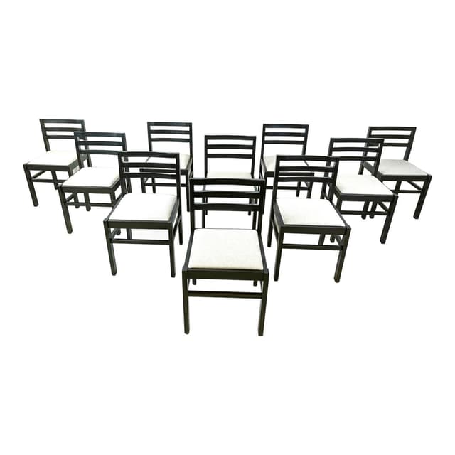 Set of ten brutalist dining chairs, black wood, light grey fabric, Germany, 1970s. - DIMENSION