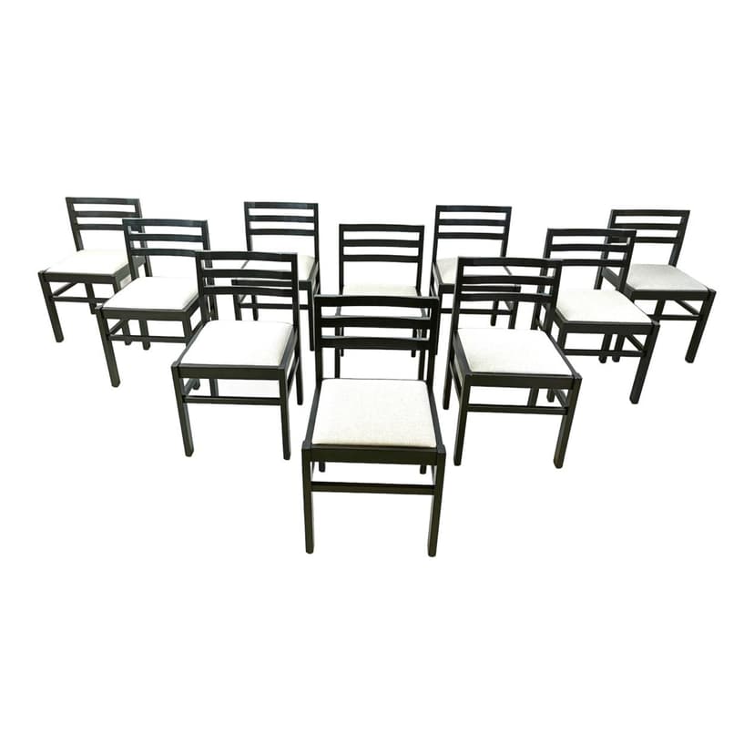 Set of ten brutalist dining chairs, black wood, light grey fabric, Germany, 1970s.