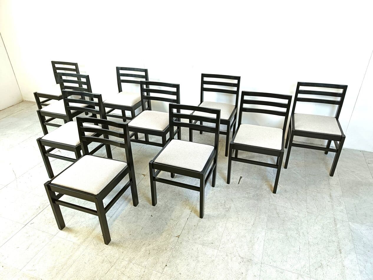 Set of ten brutalist dining chairs, black wood, light grey fabric, Germany, 1970s. - 271154