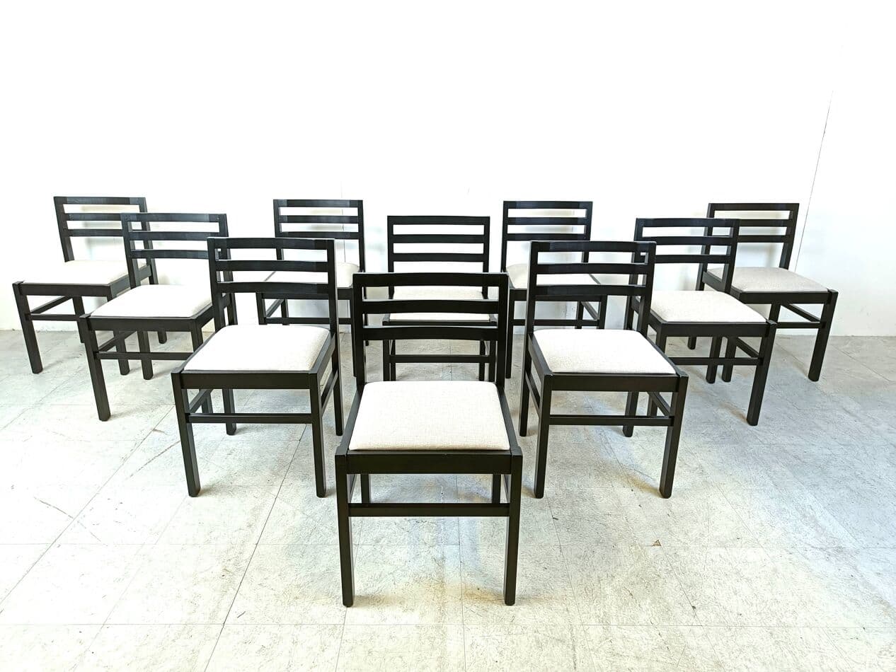 Set of ten brutalist dining chairs, black wood, light grey fabric, Germany, 1970s. - 271151