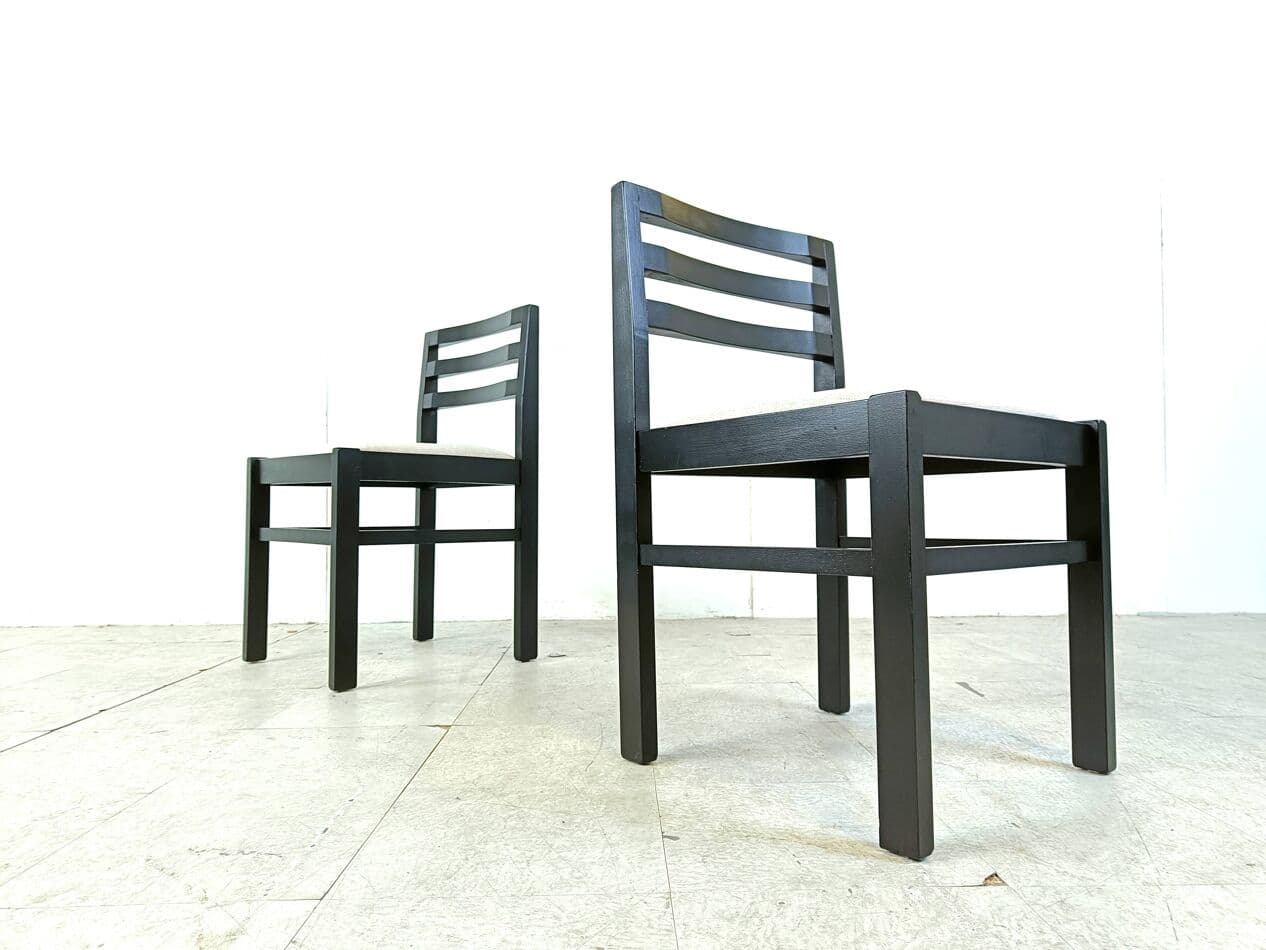 Set of ten brutalist dining chairs, black wood, light grey fabric, Germany, 1970s. - 271156