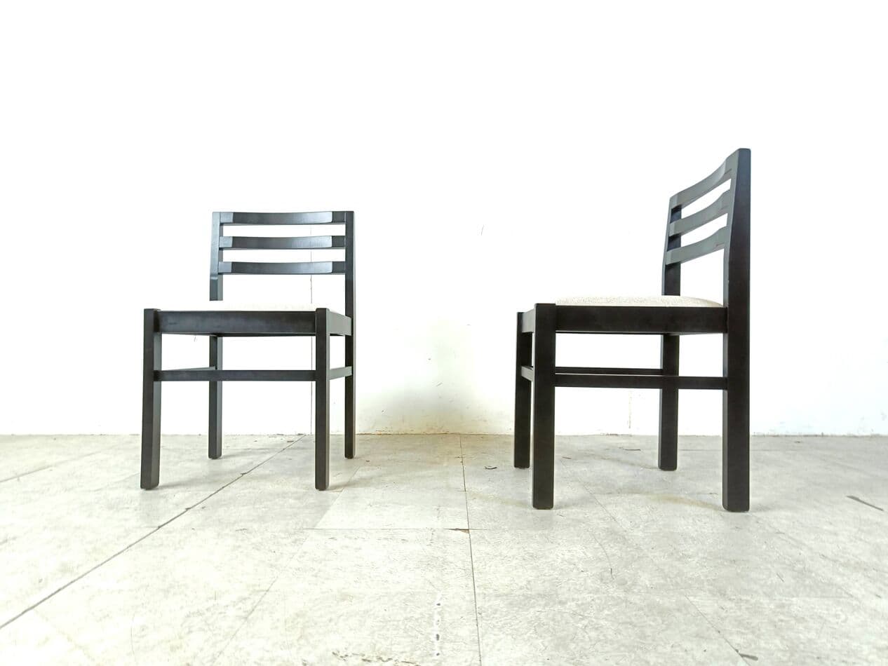 Set of ten brutalist dining chairs, black wood, light grey fabric, Germany, 1970s. - 271158