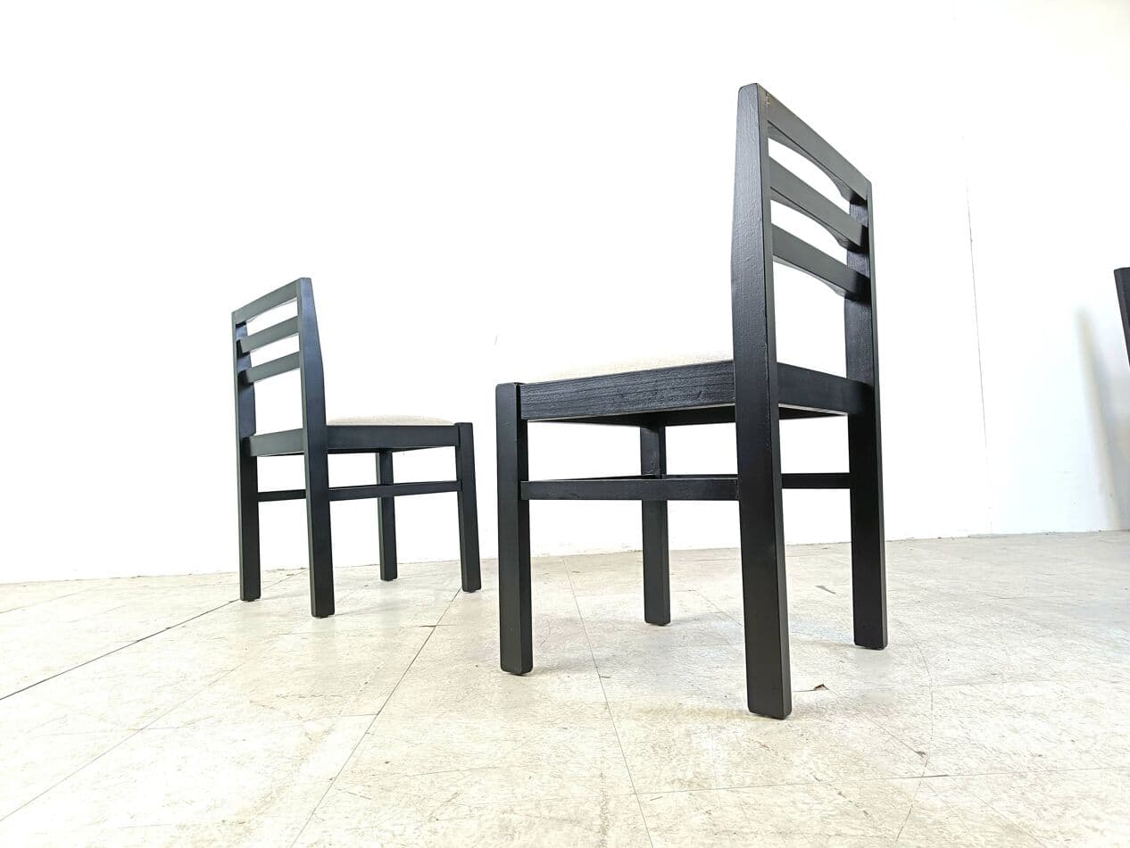 Set of ten brutalist dining chairs, black wood, light grey fabric, Germany, 1970s. - 271157