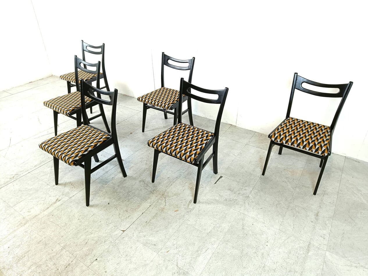 Set of Six Dining Chairs, multicolor velvet, black wood, Italy, 1970s. - 271130