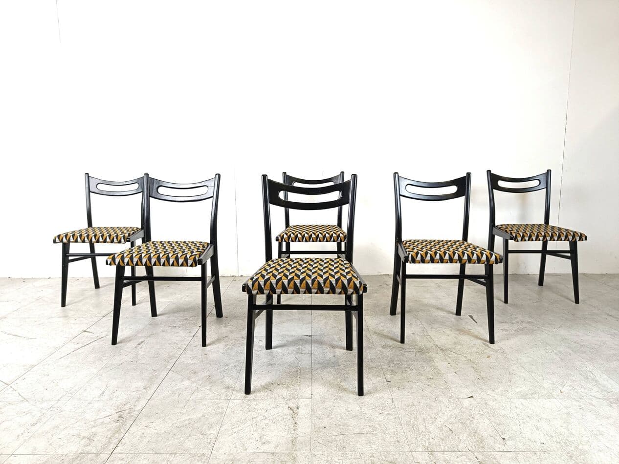 Set of Six Dining Chairs, multicolor velvet, black wood, Italy, 1970s. - 271128