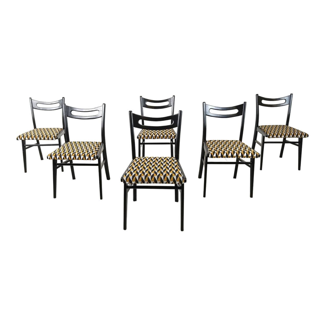 Set of Six Dining Chairs, multicolor velvet, black wood, Italy, 1970s.