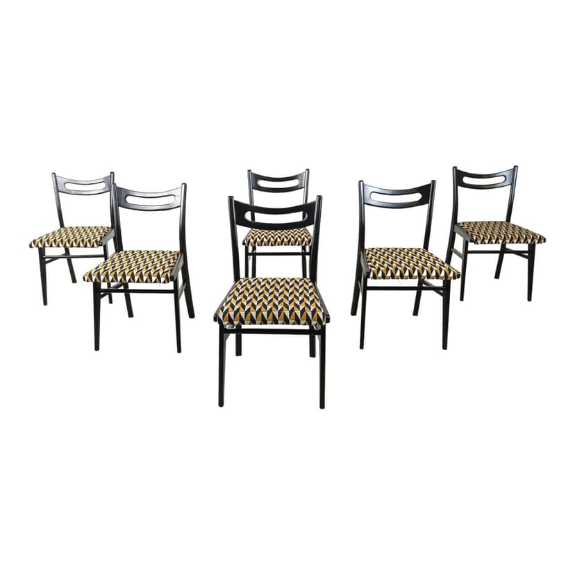 Set of Six Dining Chairs, multicolor velvet, black wood, Italy, 1970s.