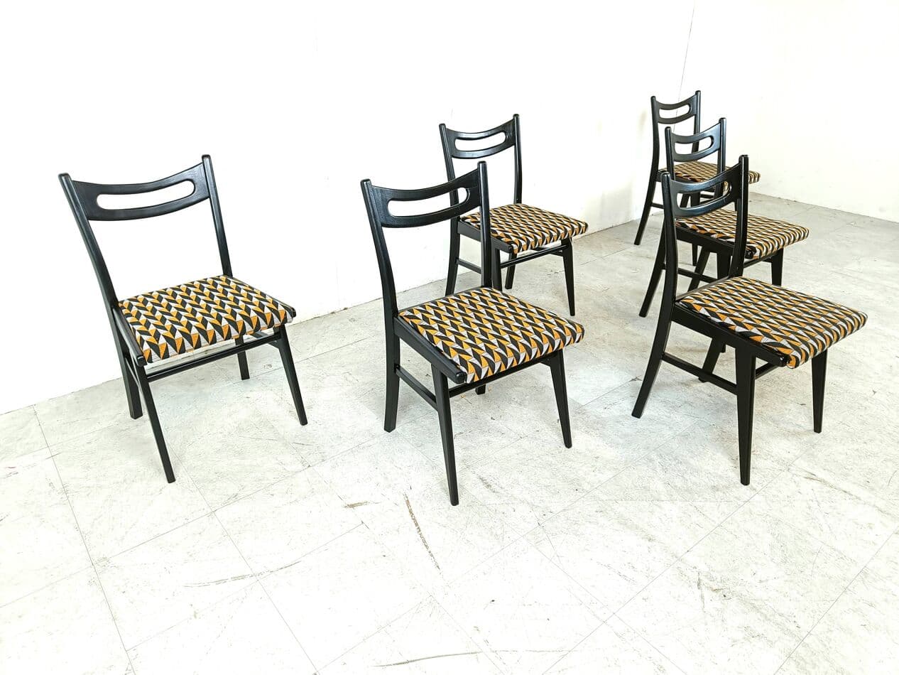 Set of Six Dining Chairs, multicolor velvet, black wood, Italy, 1970s. - 271131