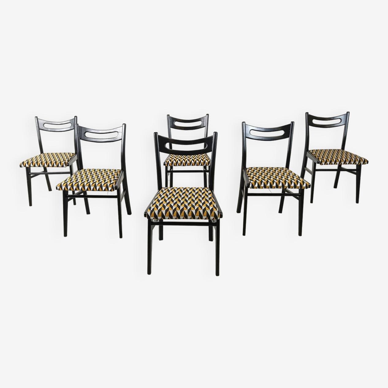 Set of Six Dining Chairs, multicolor velvet, black wood, Italy, 1970s. - 271135