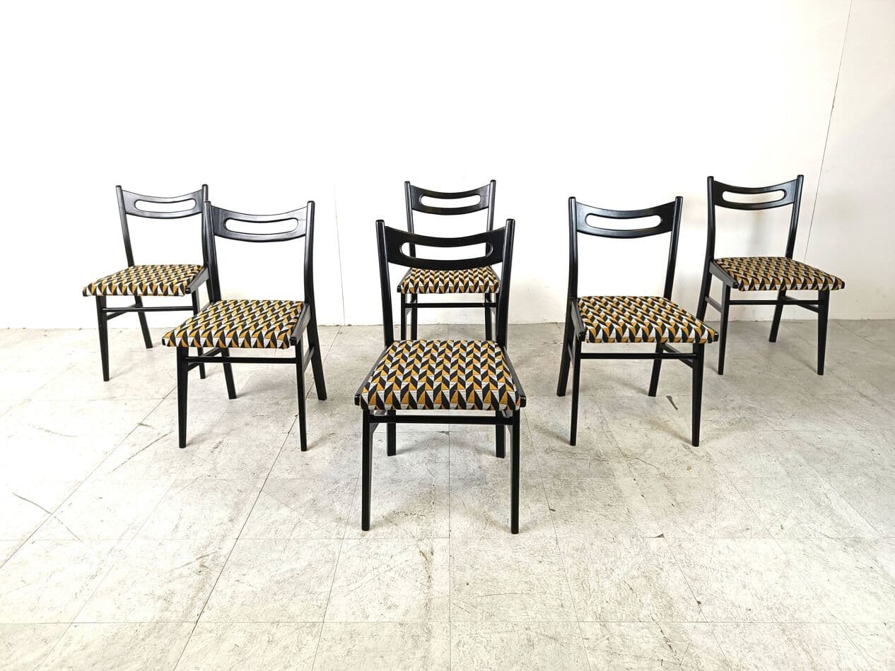 Set of Six Dining Chairs, multicolor velvet, black wood, Italy, 1970s. - 271127