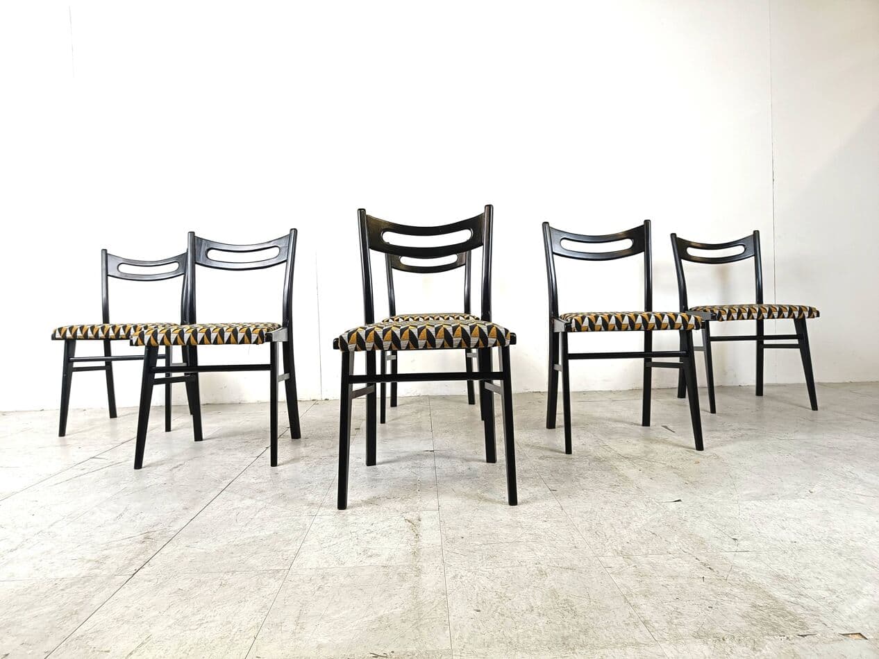 Set of Six Dining Chairs, multicolor velvet, black wood, Italy, 1970s. - 271129