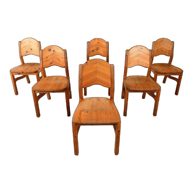 Set of Six Chairs, Brown Pine, Denmark, 1970s. - DIMENSION