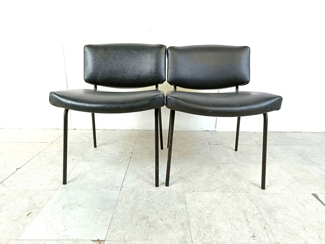 Pair of chairs Conseil, black, black leatherette, black metal, by P. Guariche, Meurop, France, 1950s - 271098