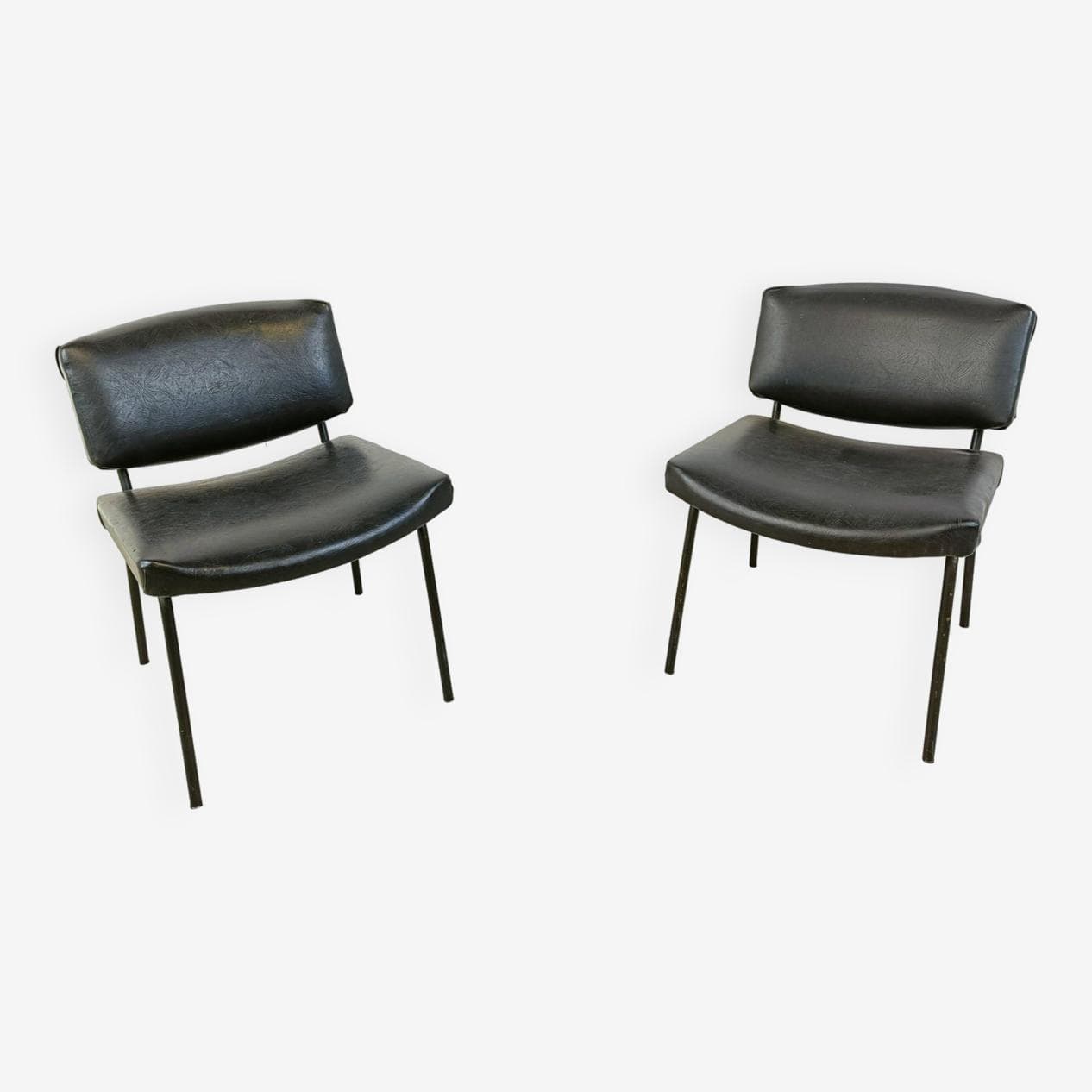 Pair of chairs Conseil, black, black leatherette, black metal, by P. Guariche, Meurop, France, 1950s - 271101