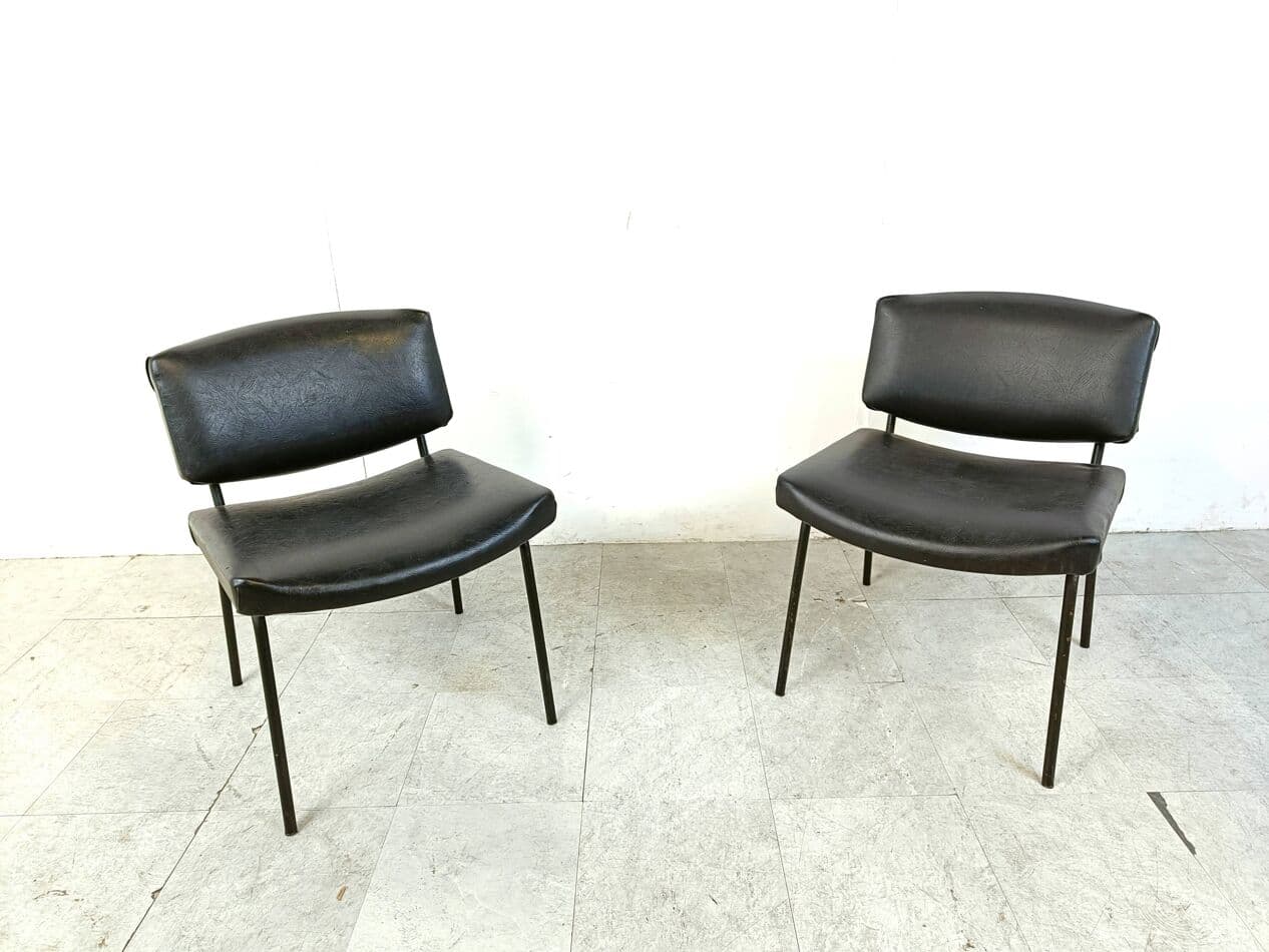 Pair of chairs Conseil, black, black leatherette, black metal, by P. Guariche, Meurop, France, 1950s - 271100