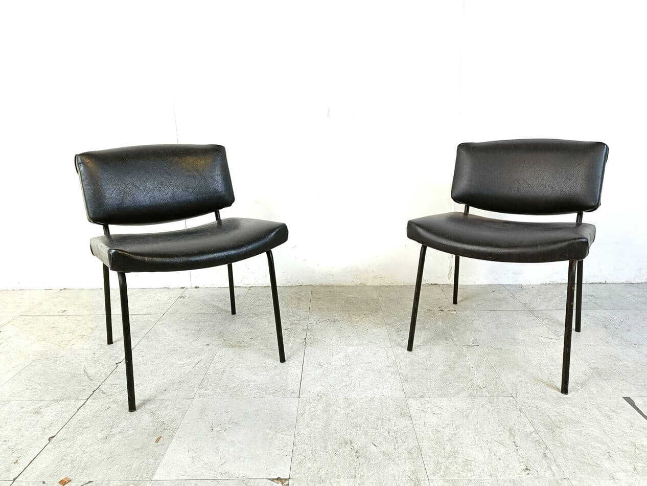Pair of chairs Conseil, black, black leatherette, black metal, by P. Guariche, Meurop, France, 1950s - 271094