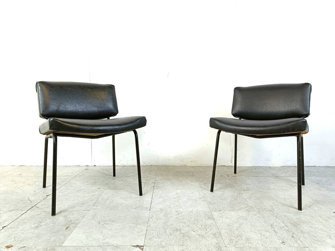 Pair of chairs Conseil, black, black leatherette, black metal, by P. Guariche, Meurop, France, 1950s - 271095