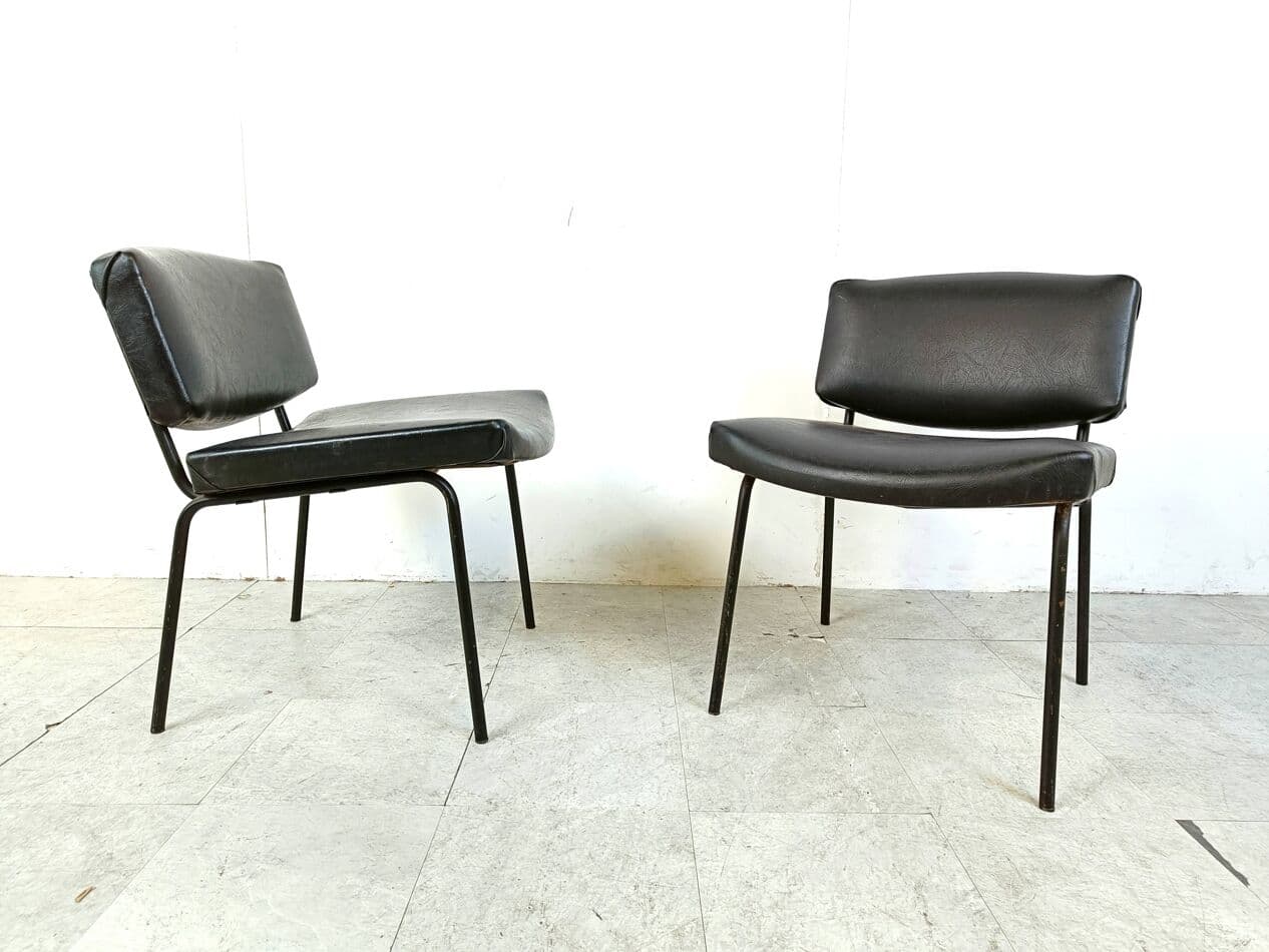 Pair of chairs Conseil, black, black leatherette, black metal, by P. Guariche, Meurop, France, 1950s - 271096