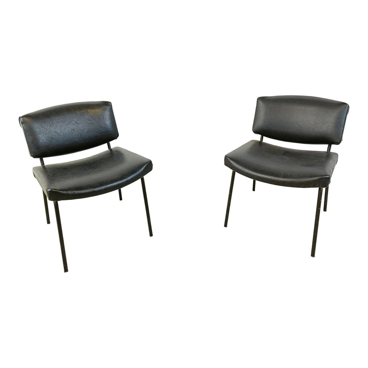 Pair of chairs Conseil, black, black leatherette, black metal, by P. Guariche, Meurop, France, 1950s