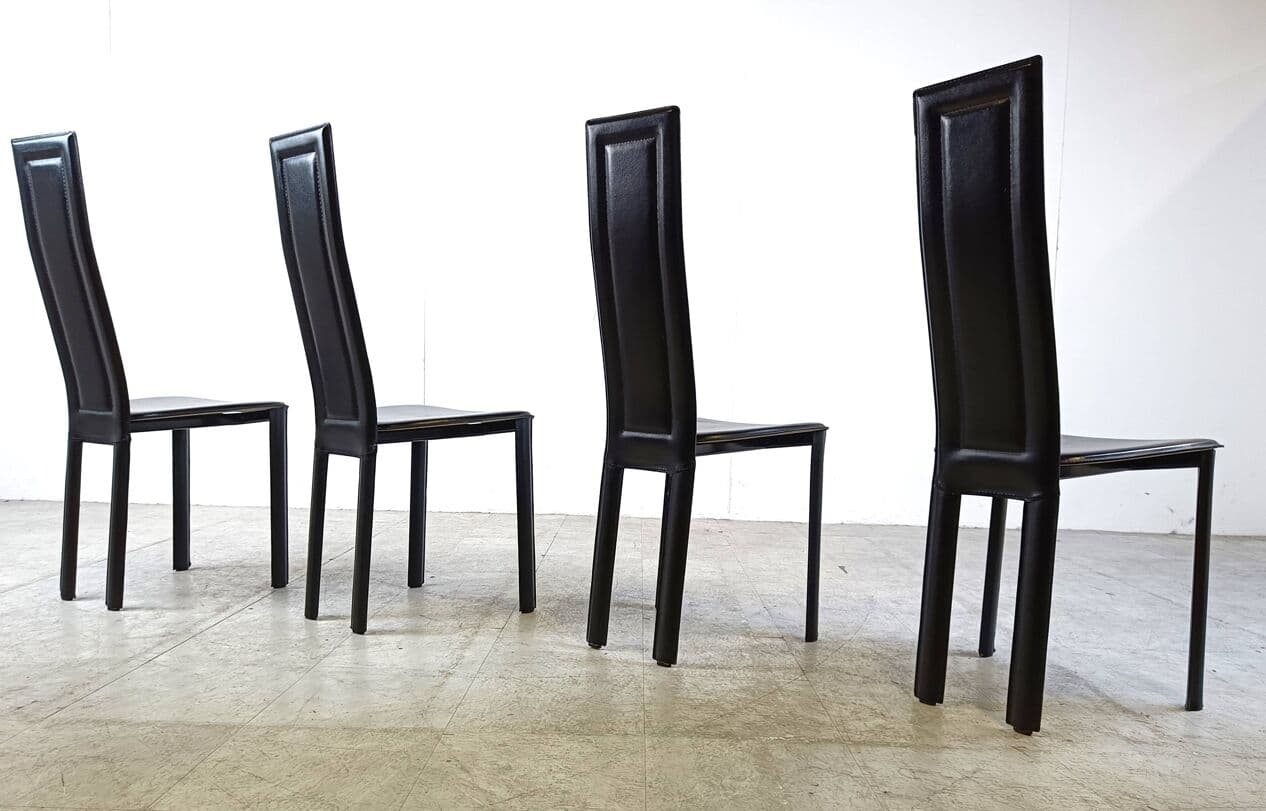 Set of four chairs, black leather, Italy, 1980s. - 271055
