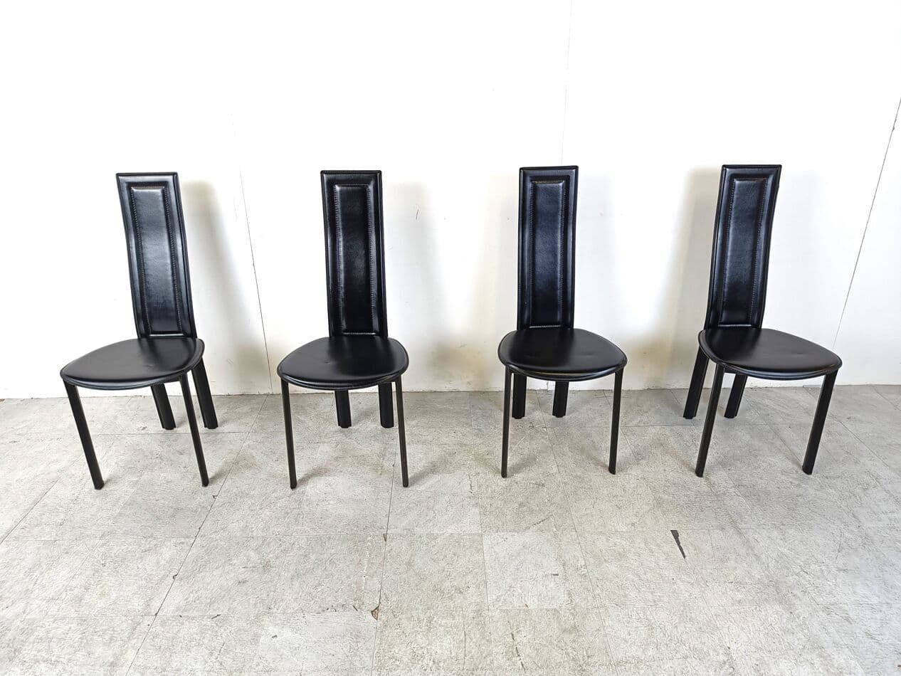 Set of four chairs, black leather, Italy, 1980s. - 271047