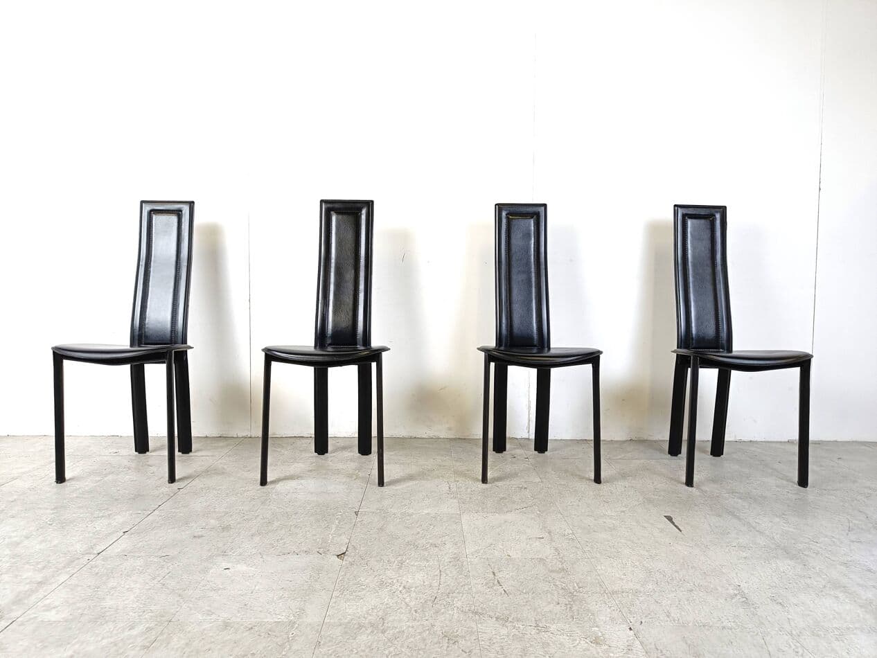 Set of four chairs, black leather, Italy, 1980s. - 271049