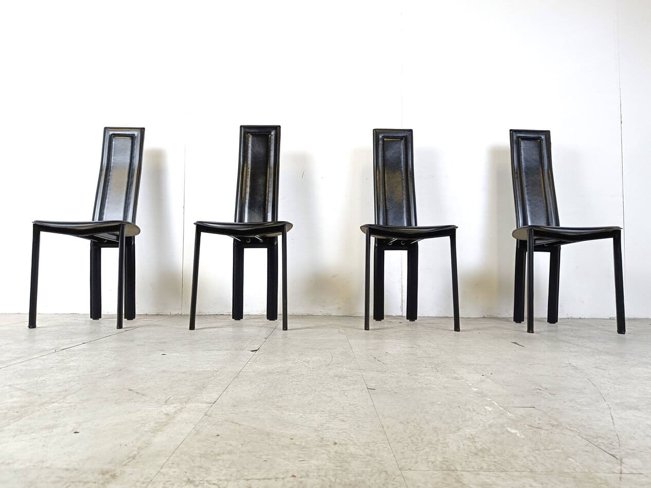 Set of four chairs, black leather, Italy, 1980s. - 271050