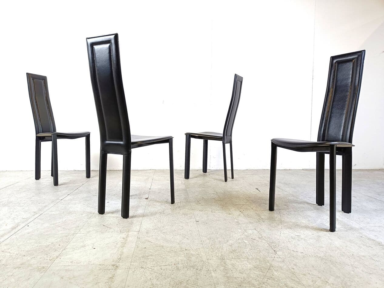 Set of four chairs, black leather, Italy, 1980s. - 271054