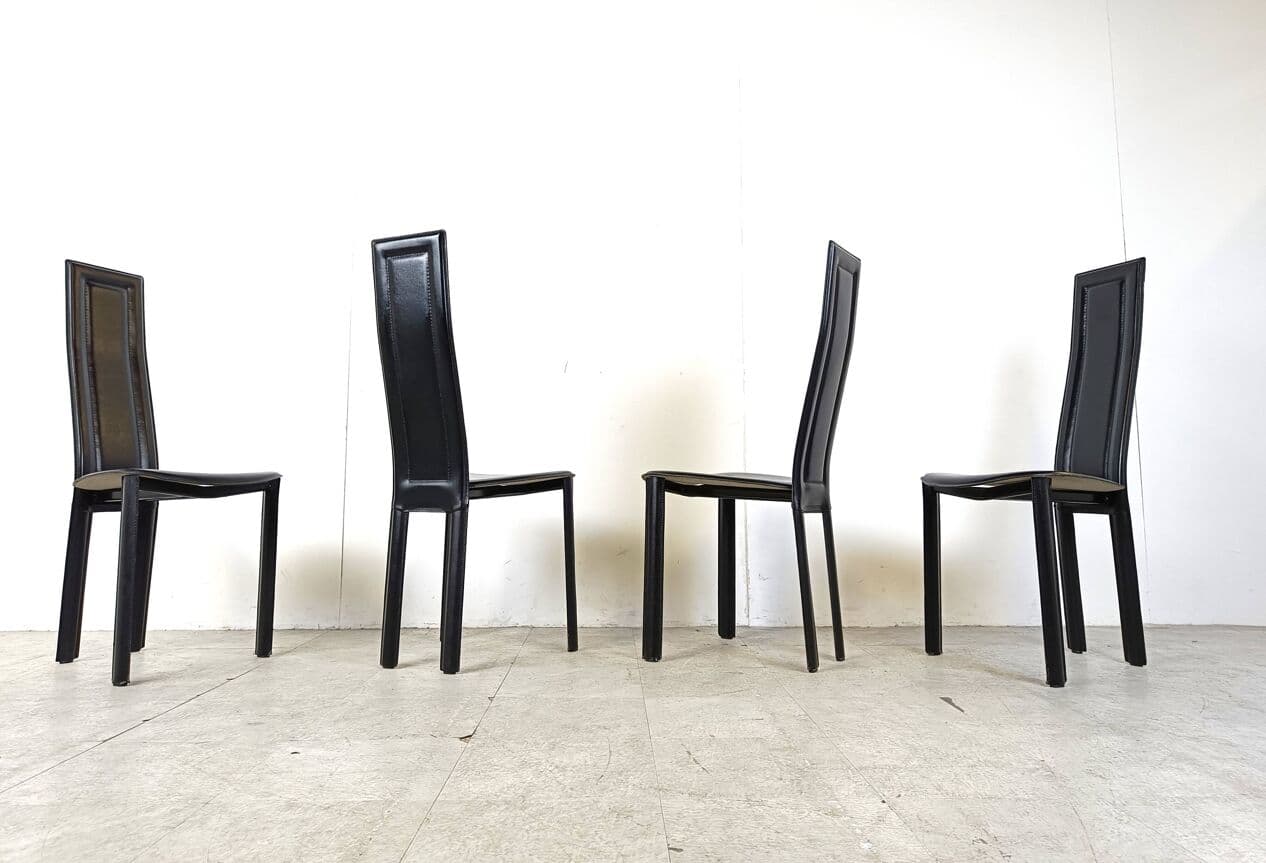 Set of four chairs, black leather, Italy, 1980s. - 271053