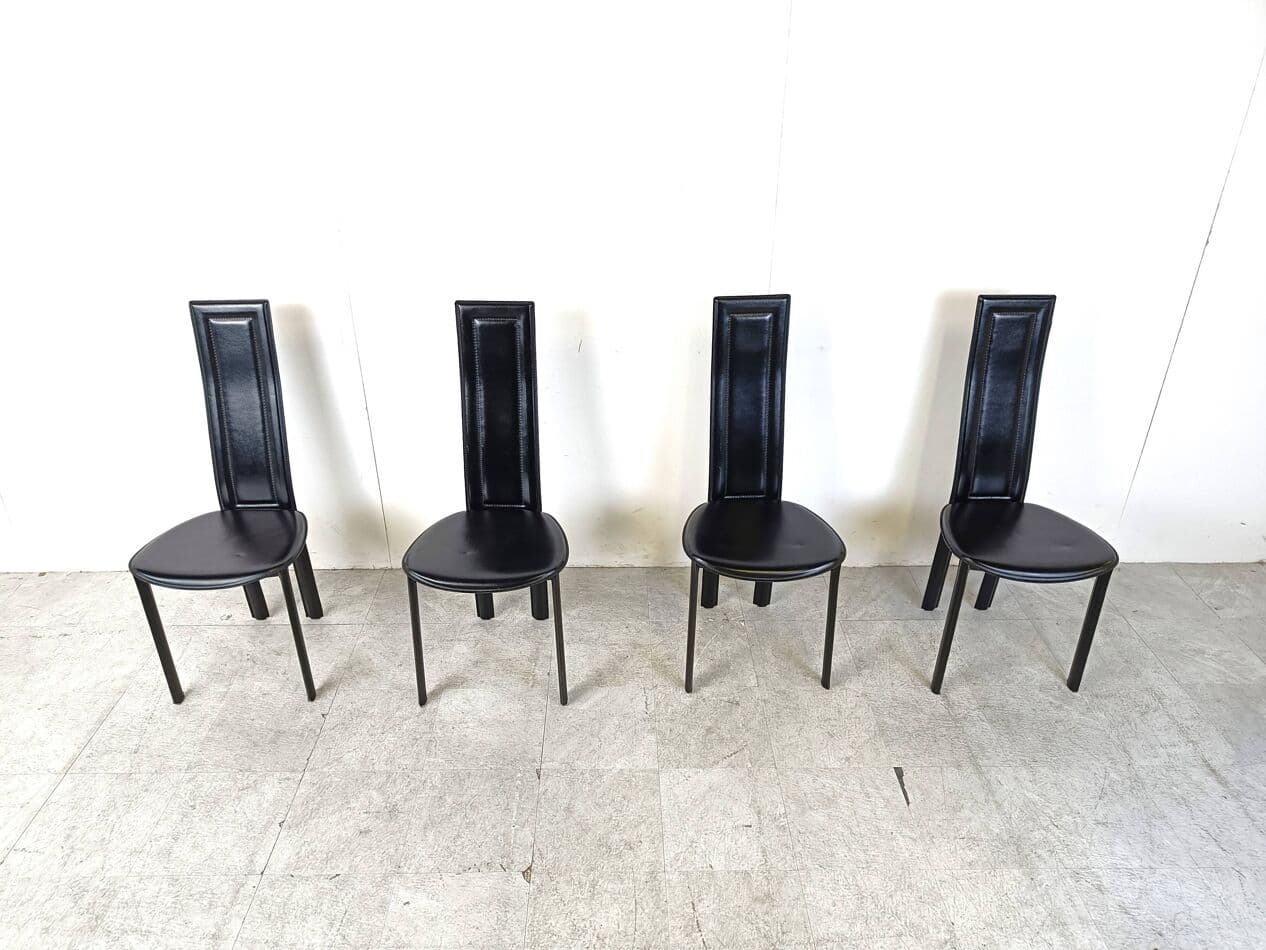 Set of four chairs, black leather, Italy, 1980s. - 271056