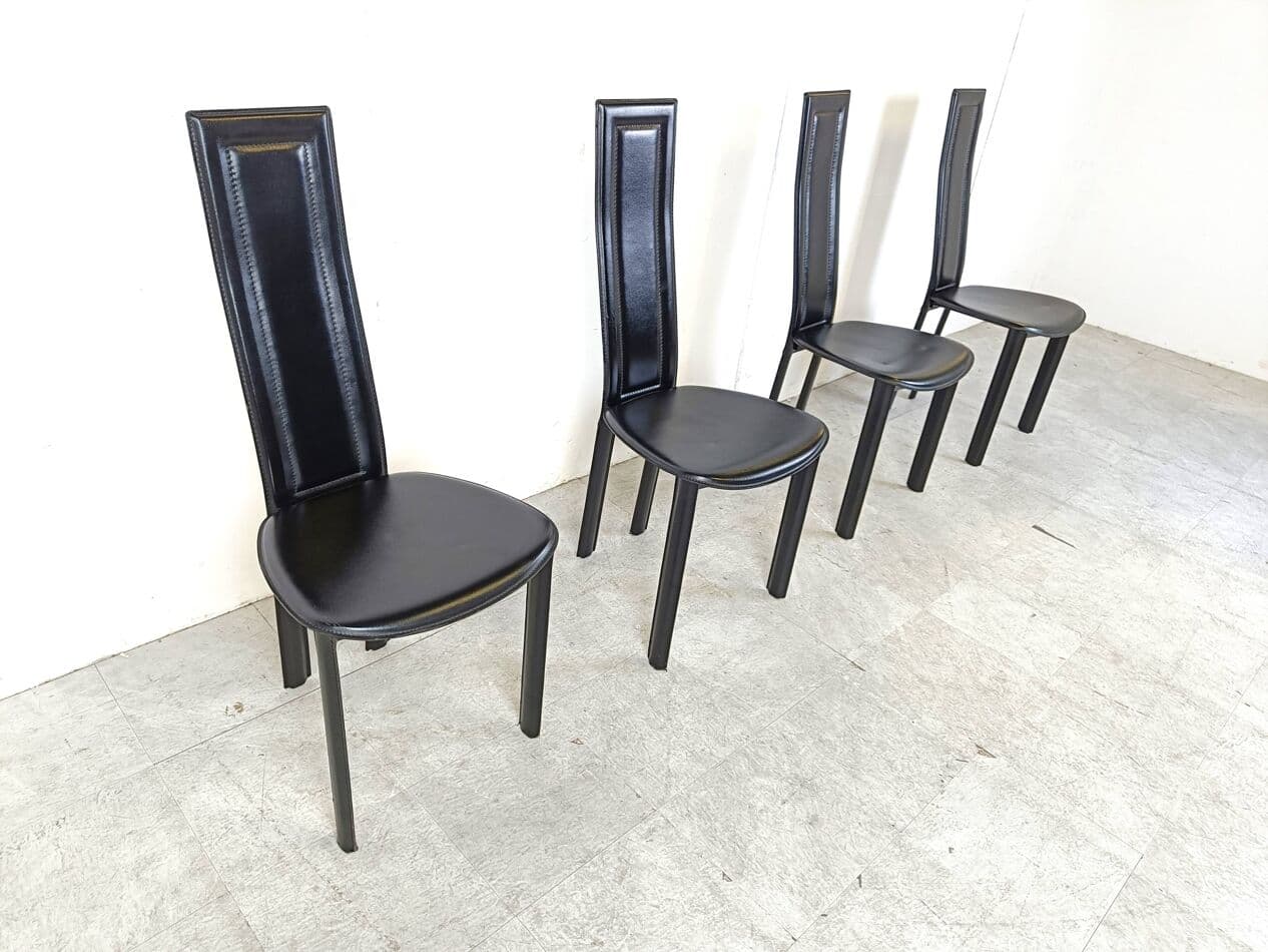 Set of four chairs, black leather, Italy, 1980s. - 271051