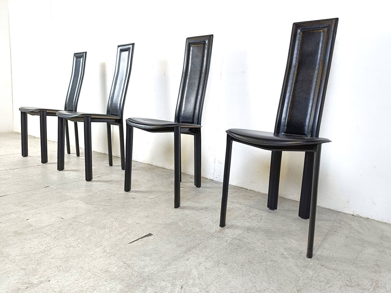 Set of four chairs, black leather, Italy, 1980s. - 271052