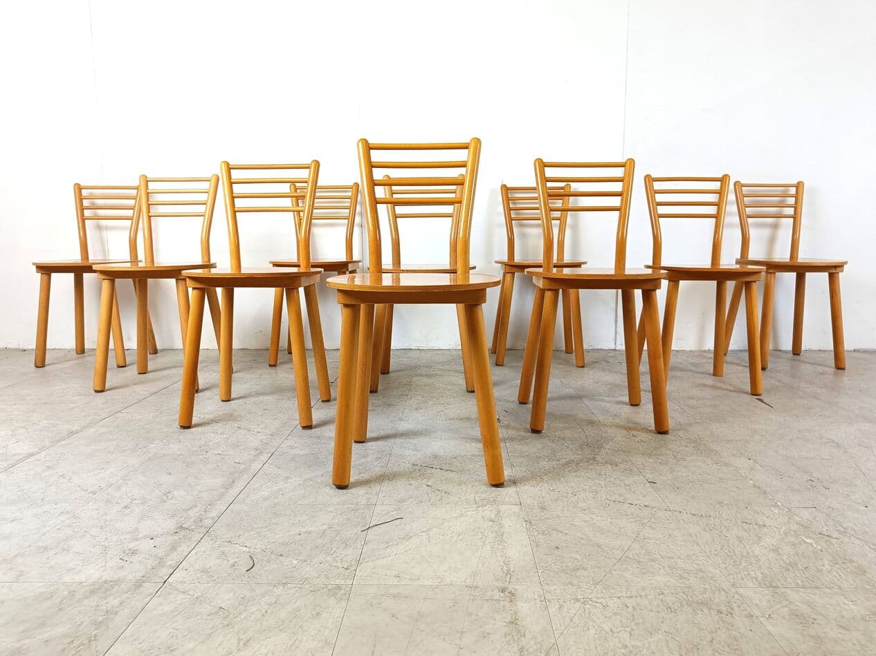 Set of eight Scandinavian chairs, brown, wood, Denmark, 1970s. - 271020